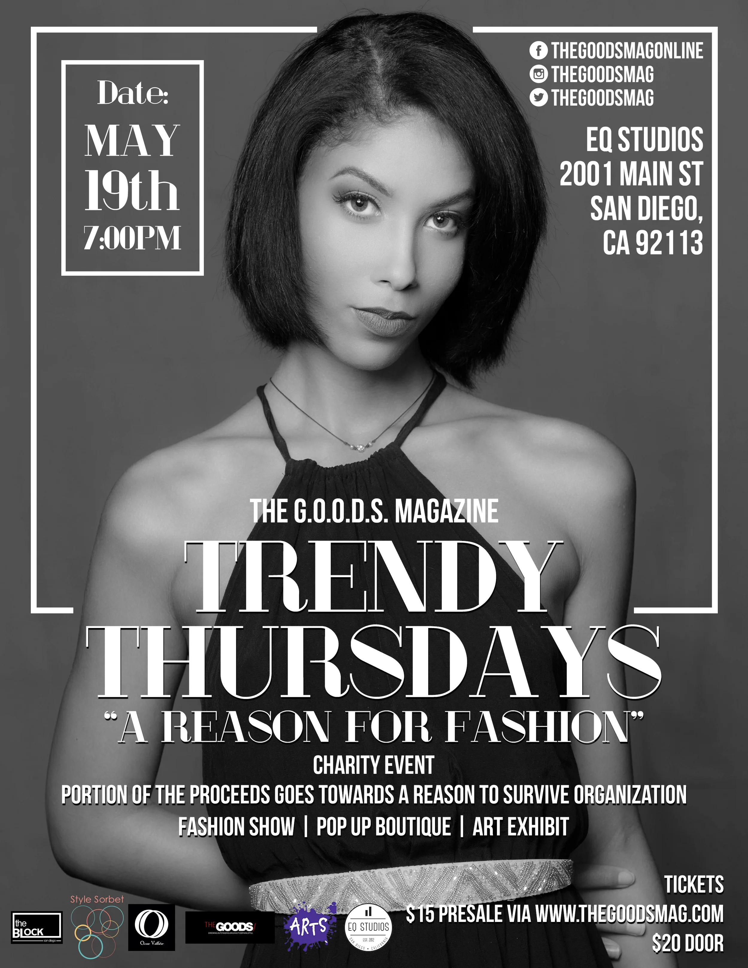 Join us for a celebration of fashion, music and art! Event proceeds will be donated to the A.R.T.S. organization, "A Reason To Survive", to support art education and healing for San Diego children and teens. The event will feature a shopping exhibit, fashion show, live art, and chair massage! Get your tickets today! Space is limited! https://trendythursdays.splashthat.com/