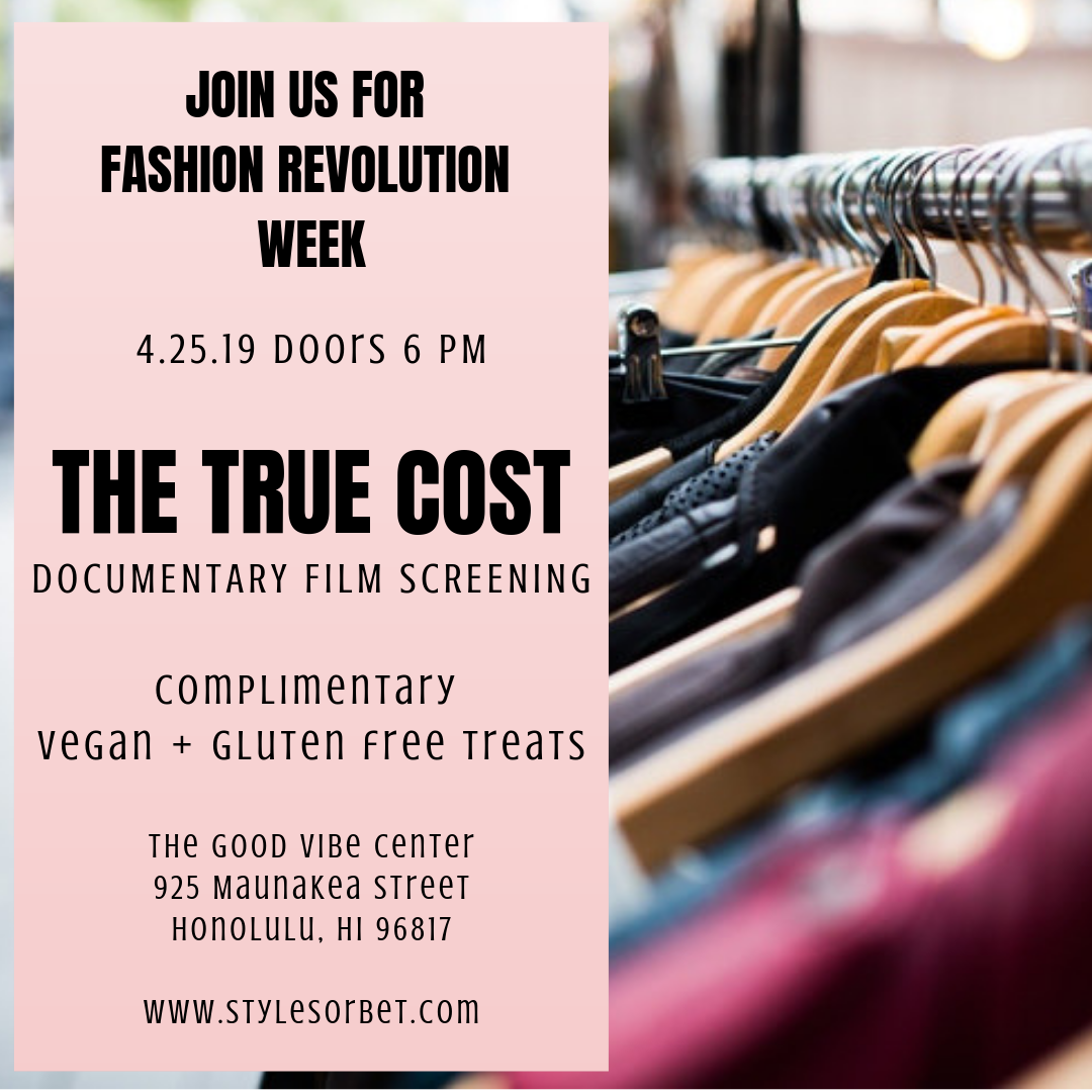 Join us for a screening of the True Cost Documentary during Fashion Revolution Week at the Good Vibe Center on Thursday, April 25th, 2019. Doors will be at 6 PM and the film will begin promptly at 6:30 PM. Guests will enjoy complimentary vegan and gluten free treats. Bring or wear a piece of clothing from a fast fashion retailer (something that you already own) and participate in a group activity after the film as we use the hashtag #whomademyclothes in efforts to demand serious change from brands that need to hear our voices! Directed by Andrew Morgan, The True Cost Documentary, sheds light on the travesties that occur behind the scenes of the apparel industry. The exploitation and death of garment workers are completely unacceptable and morally wrong. We are polluting our environment with harsh chemicals that are released into our waters and we are contaminating our soil with harmful pesticides. Fashion is a beautiful form of art and self-expression. It should NEVER bring harm or death to people, animals, and our planet. Fashion Revolution is a global movement designed to bring awareness to what really goes on behind the scenes in the international apparel industry. Teams from over 100 countries around the world campaign for systemic reform and transparency in the fashion supply chain. On April 24, 2013, the Rana Plaza in Bangladesh collapsed killing 1,134 garment workers. They died while working in unethical and unsafe conditions. Fashion Revolution Week was created to honor their lives and to fight to put an end to future suffering. Click here to reserve your spot! Watch the trailer here!