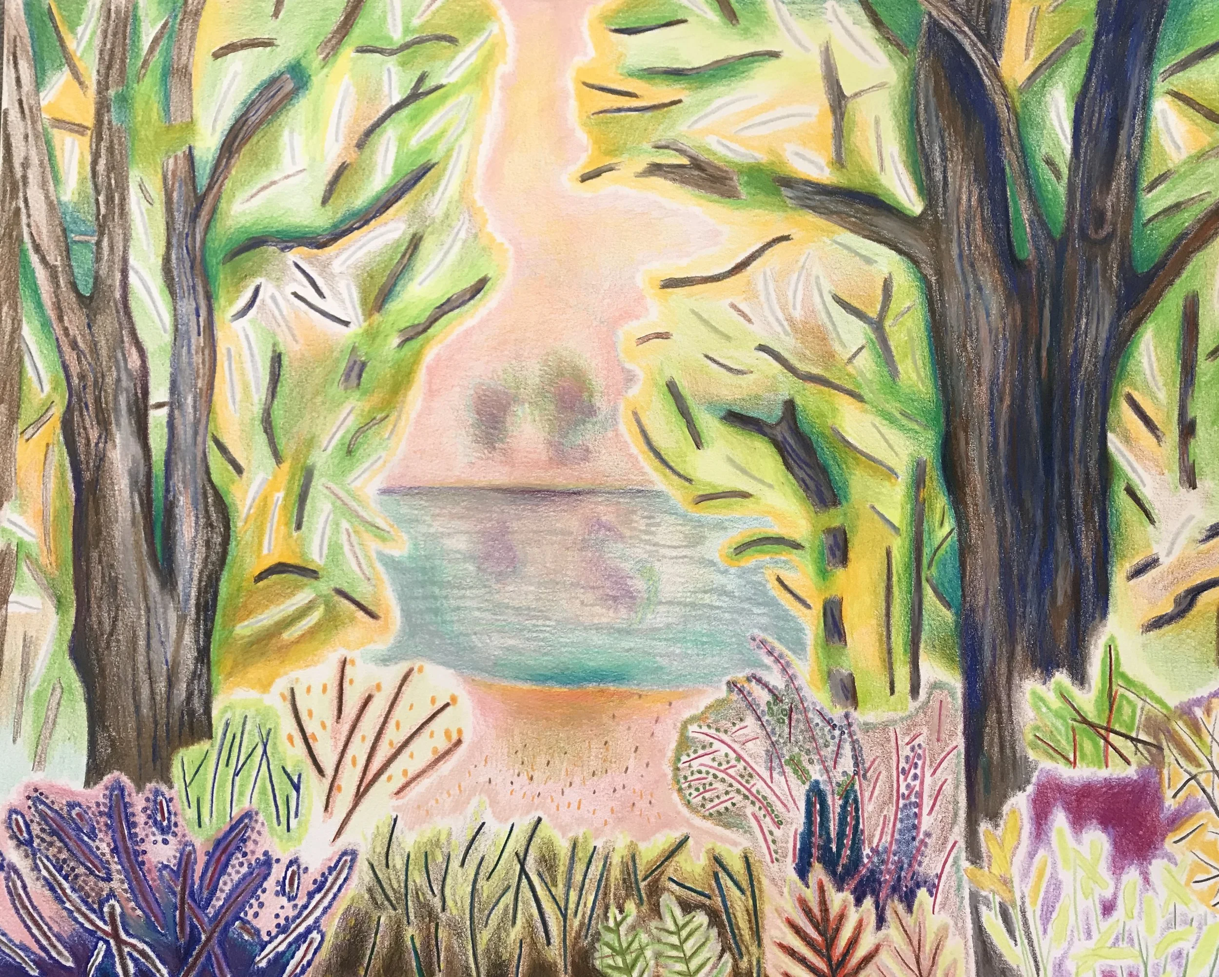 Two Trees, Bushes, Weeds and Pond