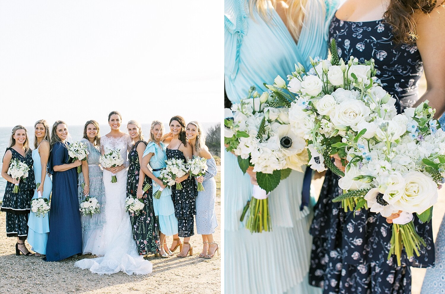 bridesmaids in mismatched dresses with anemones florals with Asher Gardner Photography
