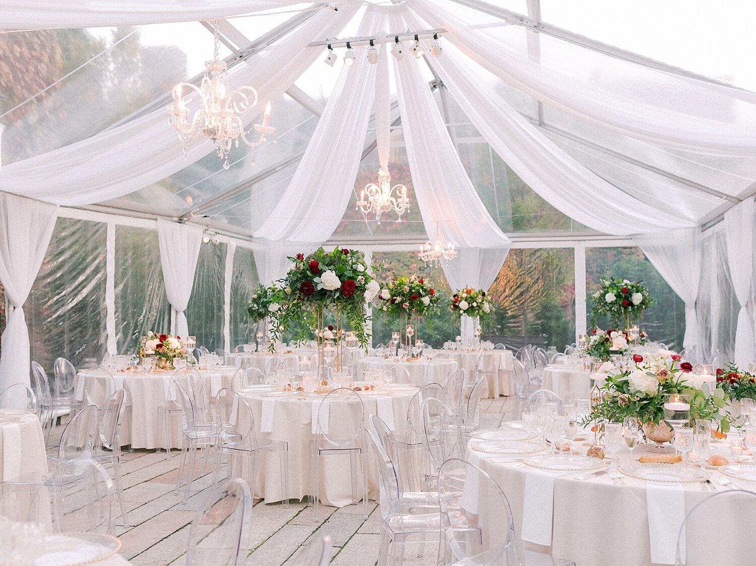 wedding reception under clear tent photographed by Asher Gardner Photography