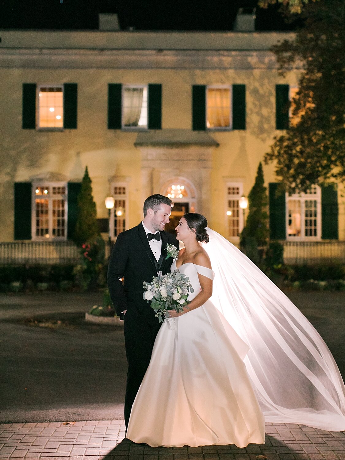 nighttime wedding portraits at the Mansion at Oyster Bay with Asher Gardner Photography