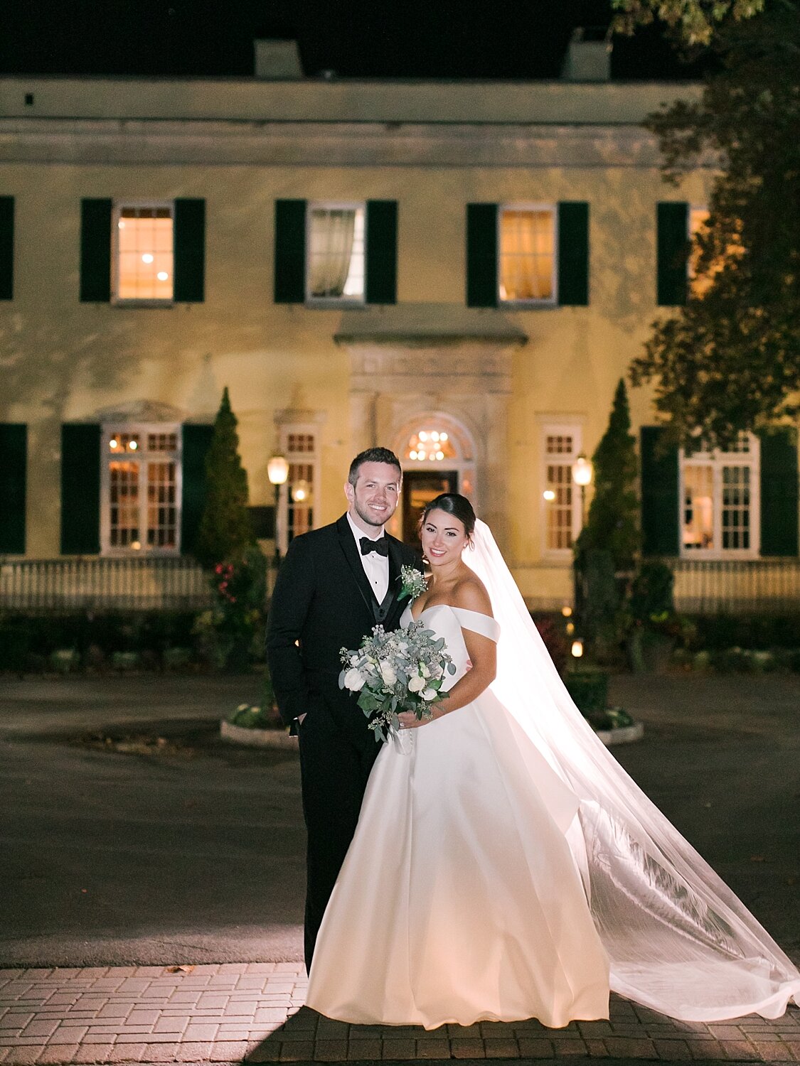 nighttime wedding portraits at the Mansion at Oyster Bay with Asher Gardner Photography