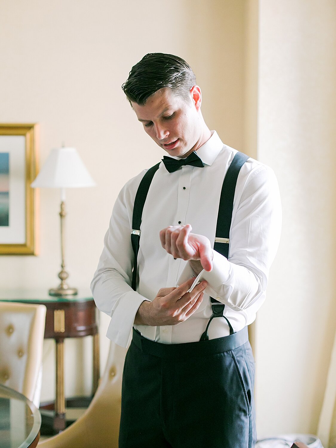 groom prepares for NY wedding | Stylish Private Home Wedding Inspiration | Asher Gardner Photography