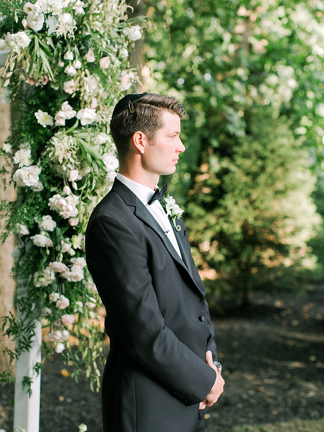 groom watches bride walk down aisle during private estate wedding | Stylish Private Home Wedding Inspiration | Asher Gardner Photography