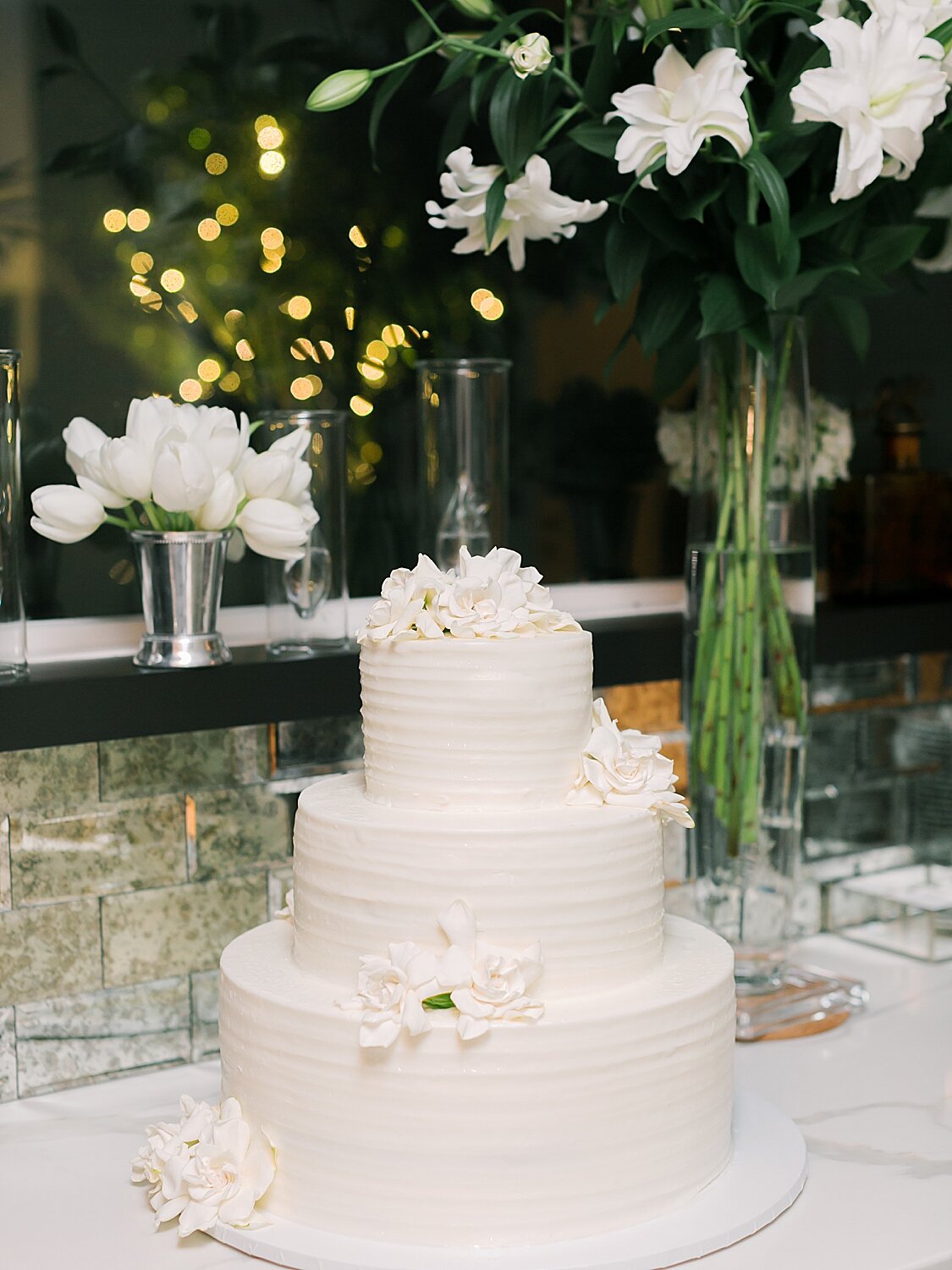 tiered wedding cake for reception | Stylish Private Home Wedding Inspiration | Asher Gardner Photography