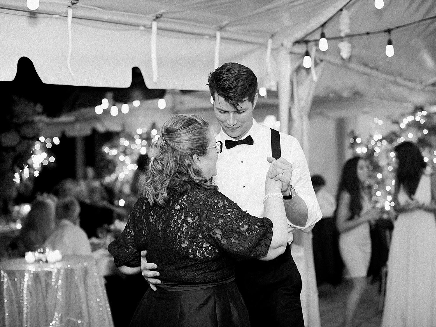 groom and mom dance during wedding reception | Stylish Private Home Wedding Inspiration | Asher Gardner Photography