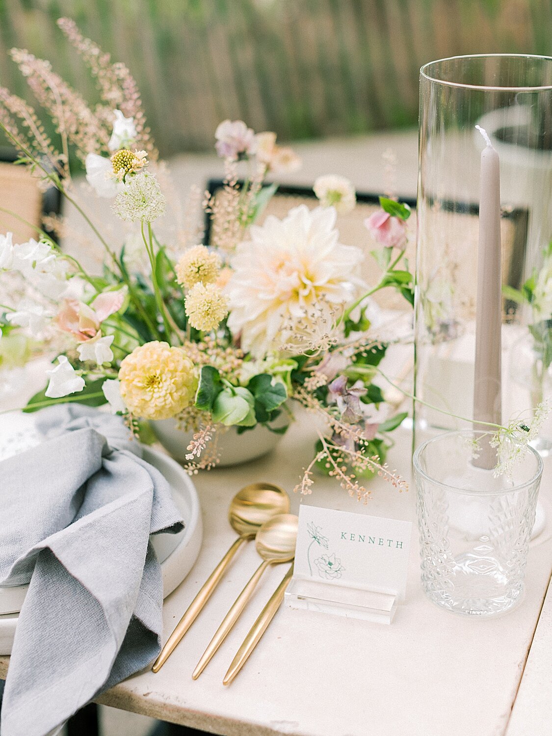 pastel reception decor with gold silverware | Asher Gardner Photography | Intimate Ceremony in DUMBO New York