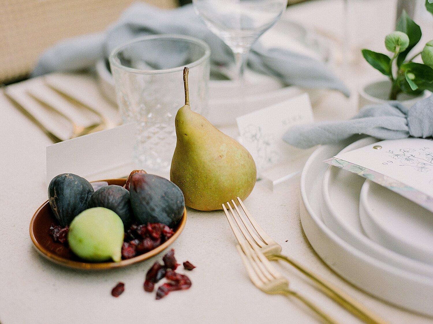 reception decor with pears and fruit | Asher Gardner Photography | Intimate Ceremony in DUMBO New York