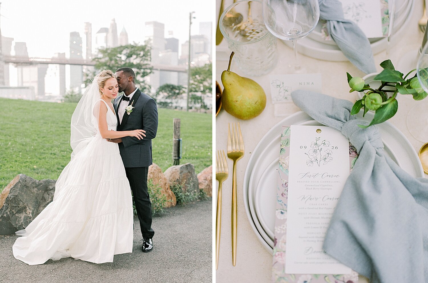 bride and groom pose with Brooklyn Bridge behind them | Asher Gardner Photography | Intimate Ceremony in DUMBO New York