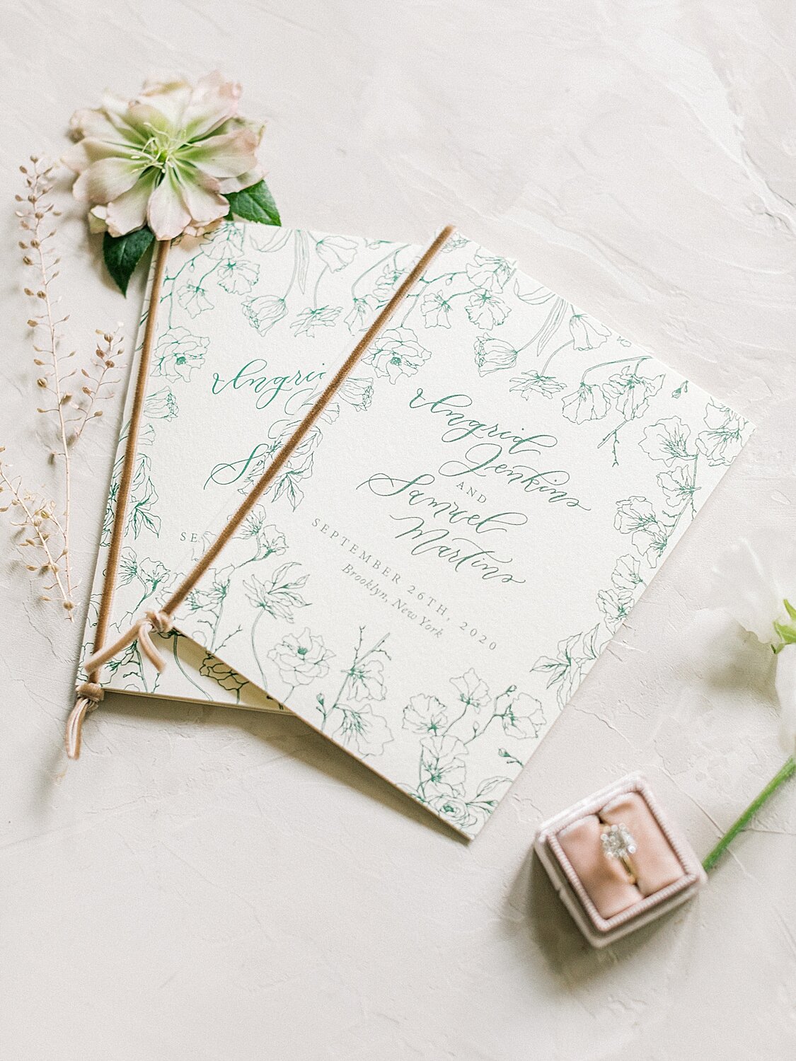 elegant wedding invitations with green details | Asher Gardner Photography | Intimate Ceremony in DUMBO New York