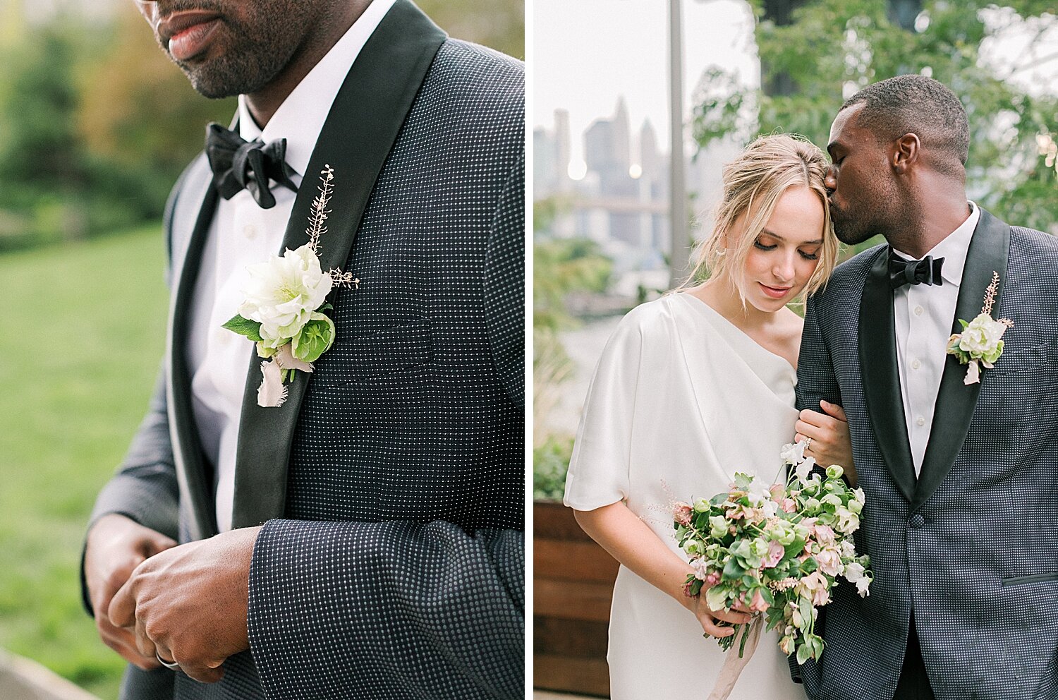 bride leans against groom during NYC wedding photos | Asher Gardner Photography | Intimate Ceremony in DUMBO New York