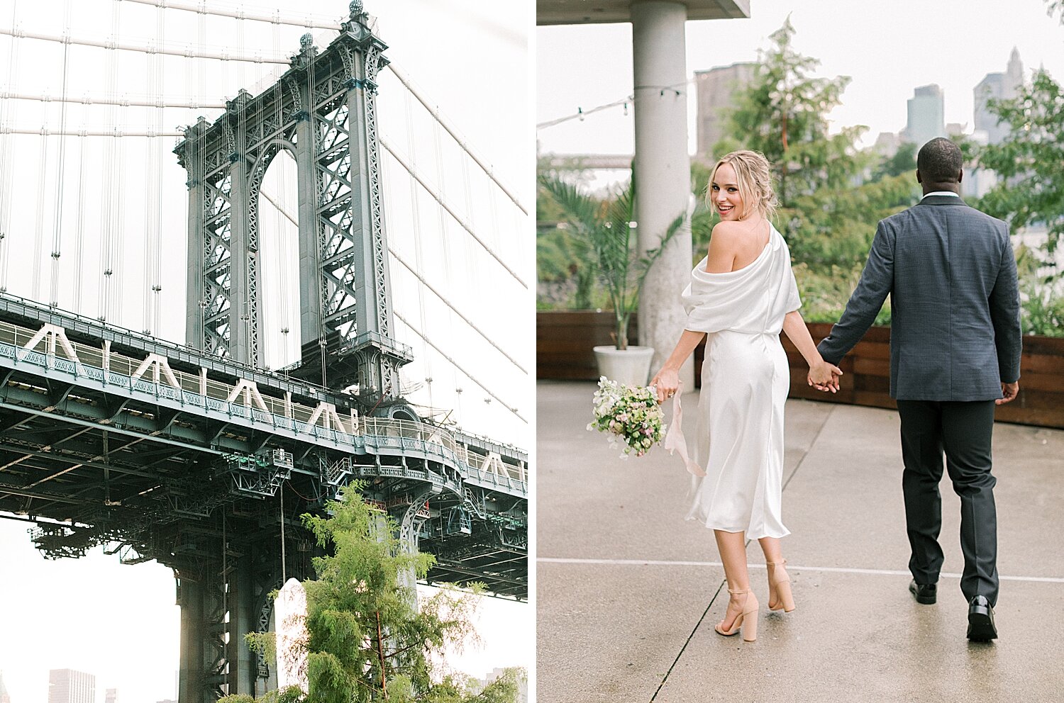 bride in honeymoon dress walks with groom  | Asher Gardner Photography | Intimate Ceremony in DUMBO New York