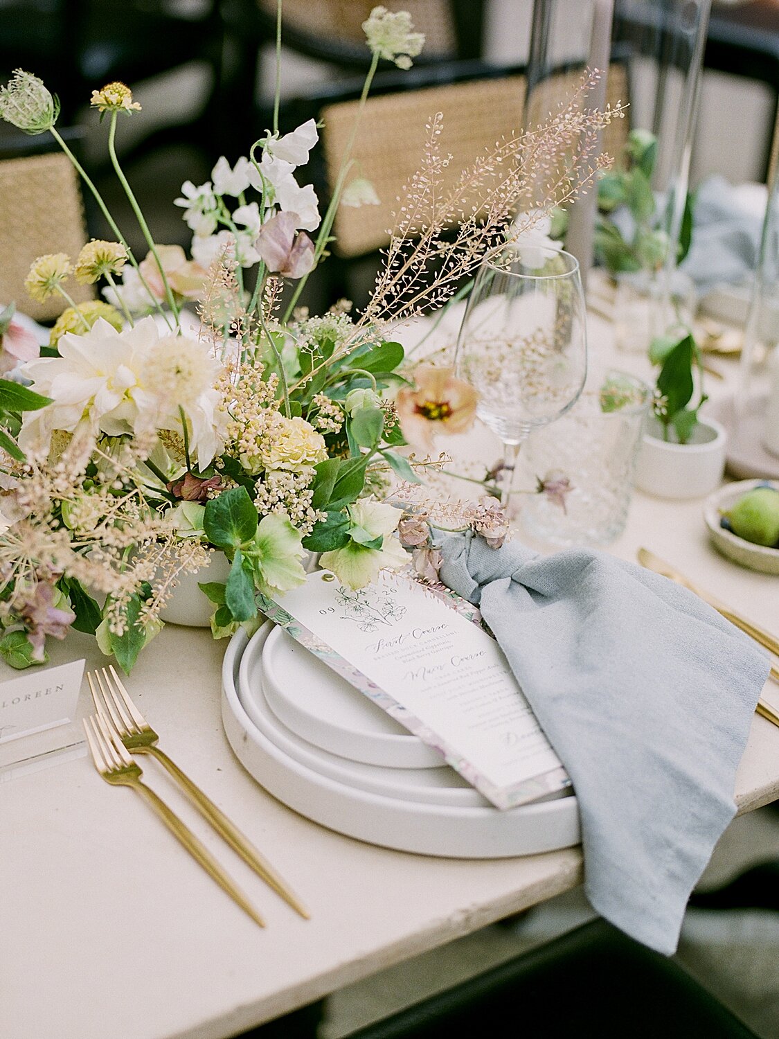 elegant gold and dusty blue wedding reception inspiration | Asher Gardner Photography | Intimate Ceremony in DUMBO New York