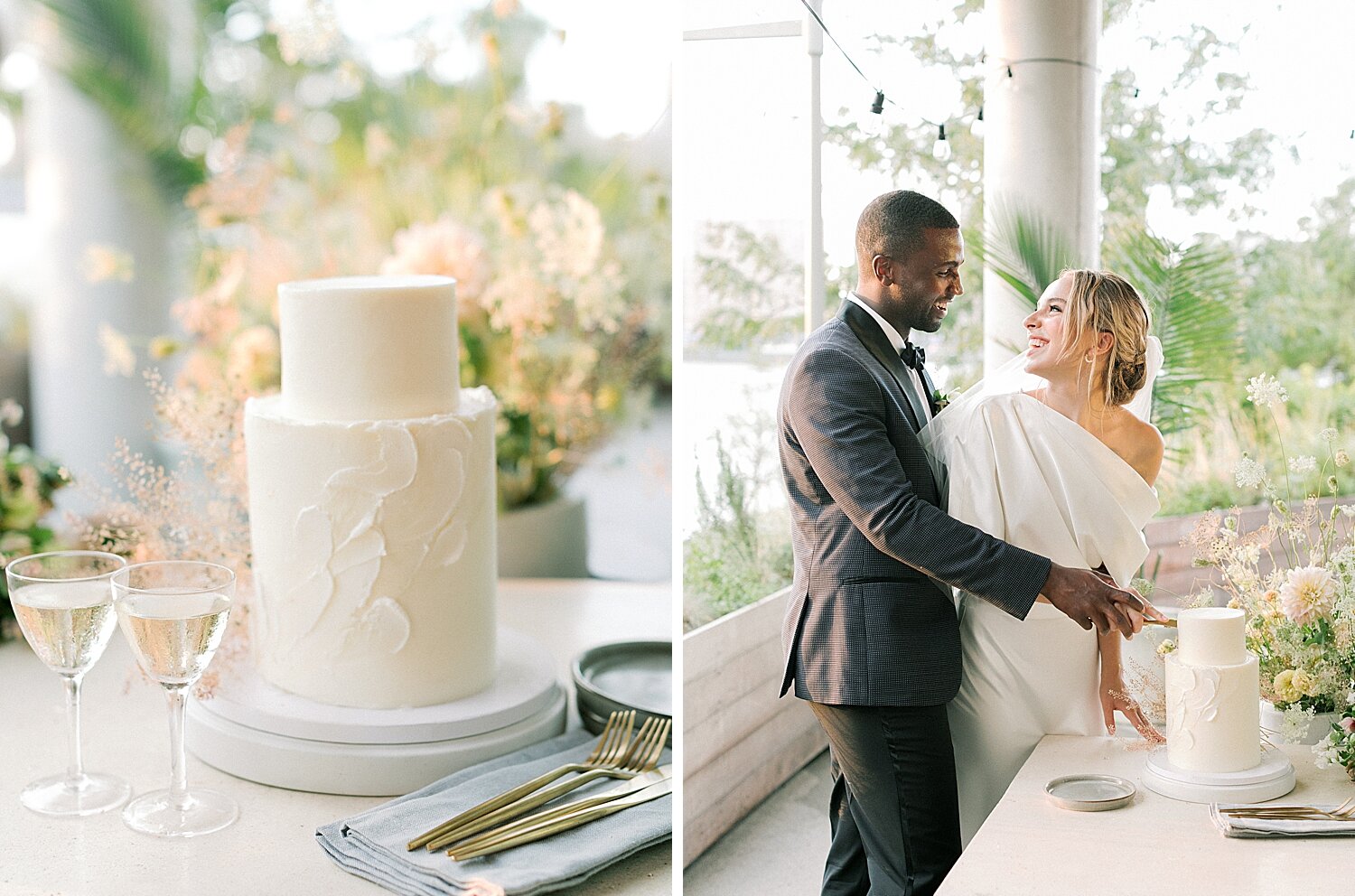 newlyweds cut wedding cake at Celestine | Asher Gardner Photography | Intimate Ceremony in DUMBO New York