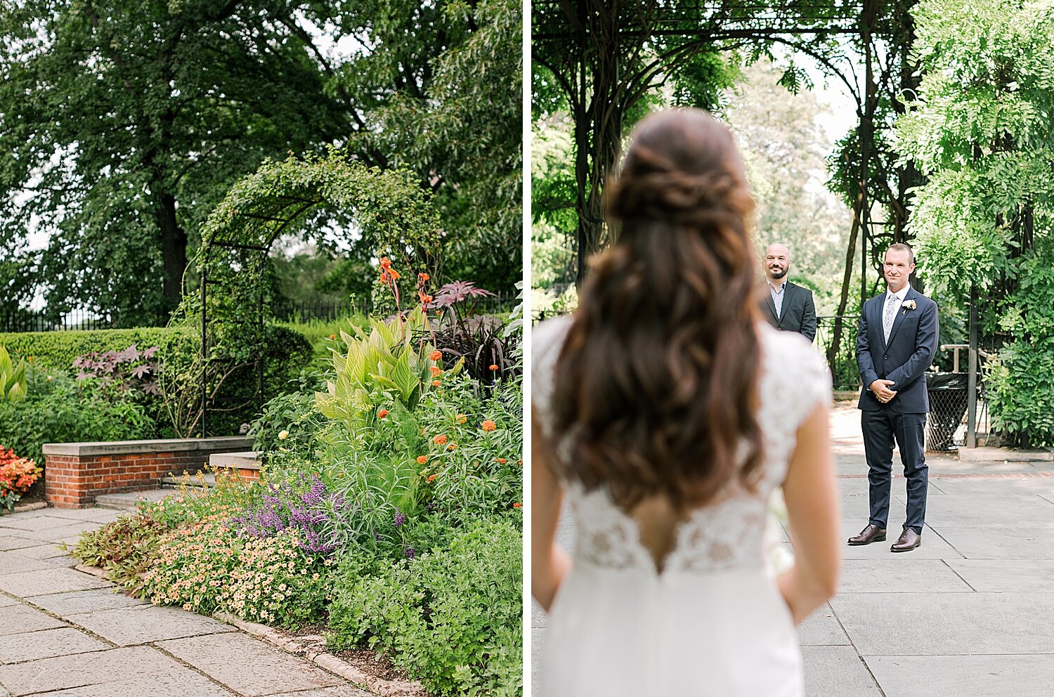 bride approaches groom for wedding ceremony | Asher Gardner Photography | Elopement at the Central Park Conservatory Gardens