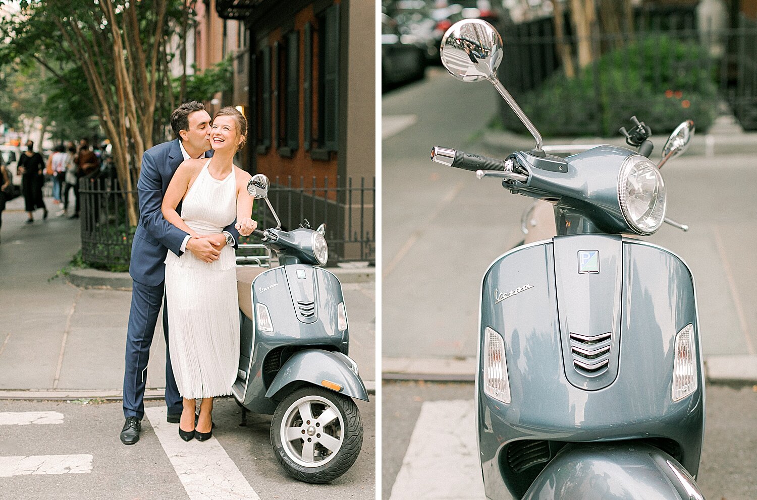 engaged couple poses by light blue Vespa | Asher Gardner Photography | Gramercy Park Engagement Session