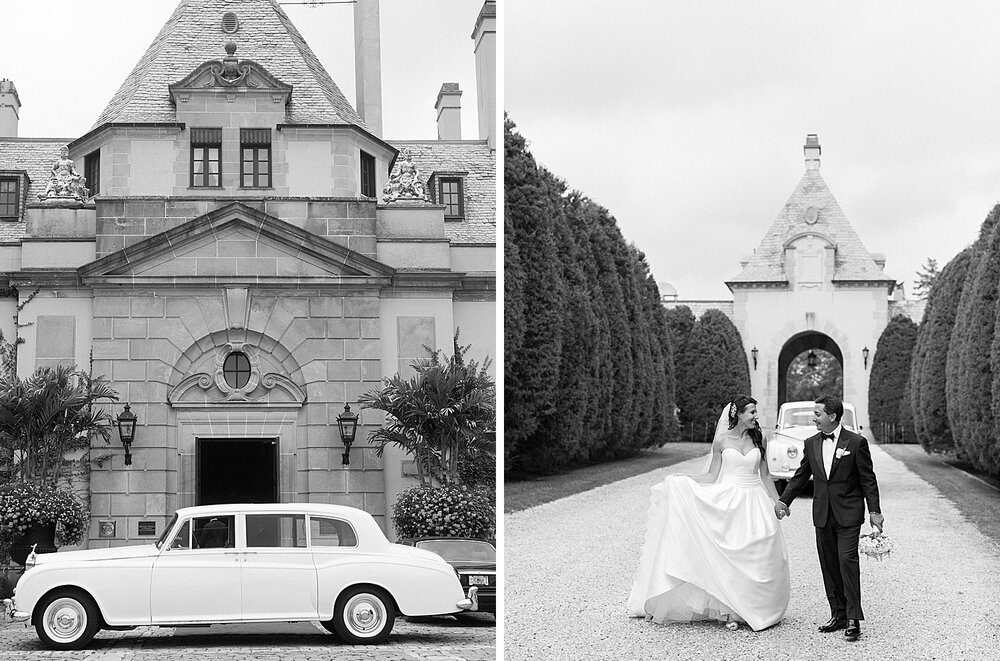 bride and groom pose by classic car at Oheka Castle | Tri-State Area Wedding Venues photographed by NY wedding photographer Asher Gardner Photography