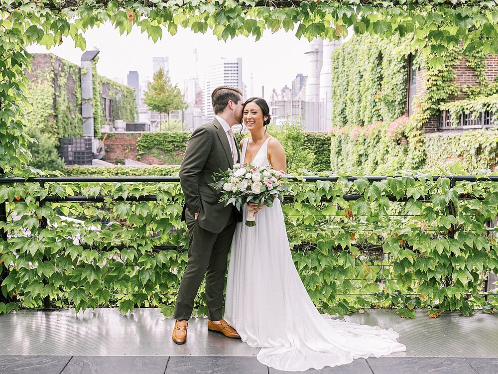 bride and groom pose on balcony at The Foundry in NYC | Tri-State area wedding venues photographed by Asher Gardner Photography