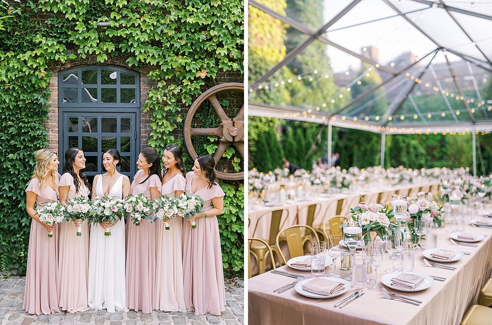 bridesmaids pose by ivy wall at The Foundry | Tri-State area wedding venues photographed by Asher Gardner Photography