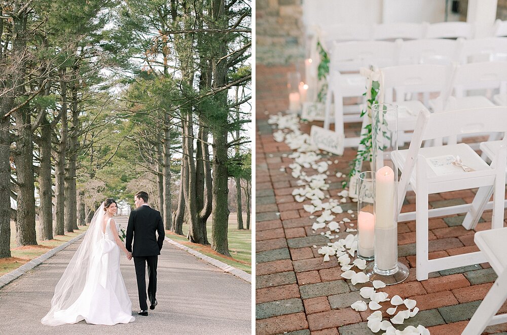 bride and groom walk at Ashford Estate with ceremony details | Tri-State area wedding venues photographed by Asher Gardner Photography