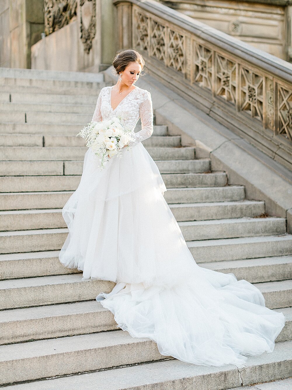 bridal portrait on staircase in Central Park | Tri-State area wedding venues photographed by Asher Gardner Photography