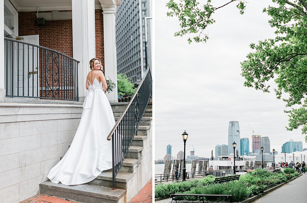 bride shows off modern wedding gown in Battery Park | Tri-State area wedding venues photographed by Asher Gardner Photography