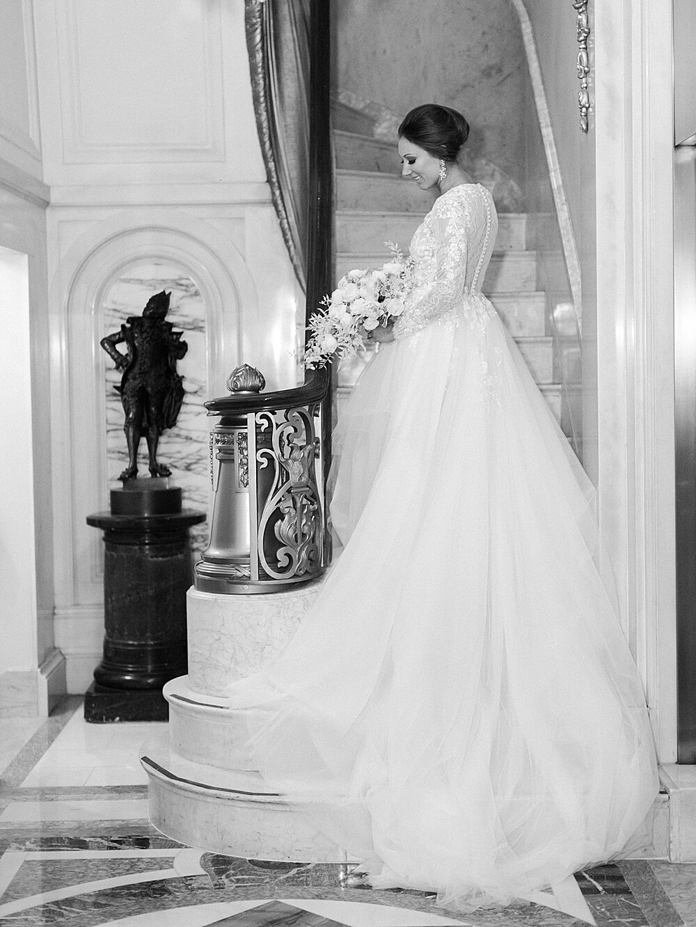bridal portrait on million dollar staircase at St. Regis Hotel | Tri-State area wedding venues photographed by Asher Gardner Photography