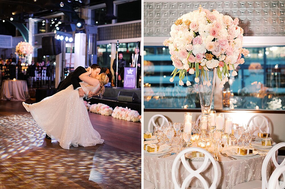 wedding reception with over the top floral details at Pier Sixty | Tri-State area wedding venues photographed by Asher Gardner Photography