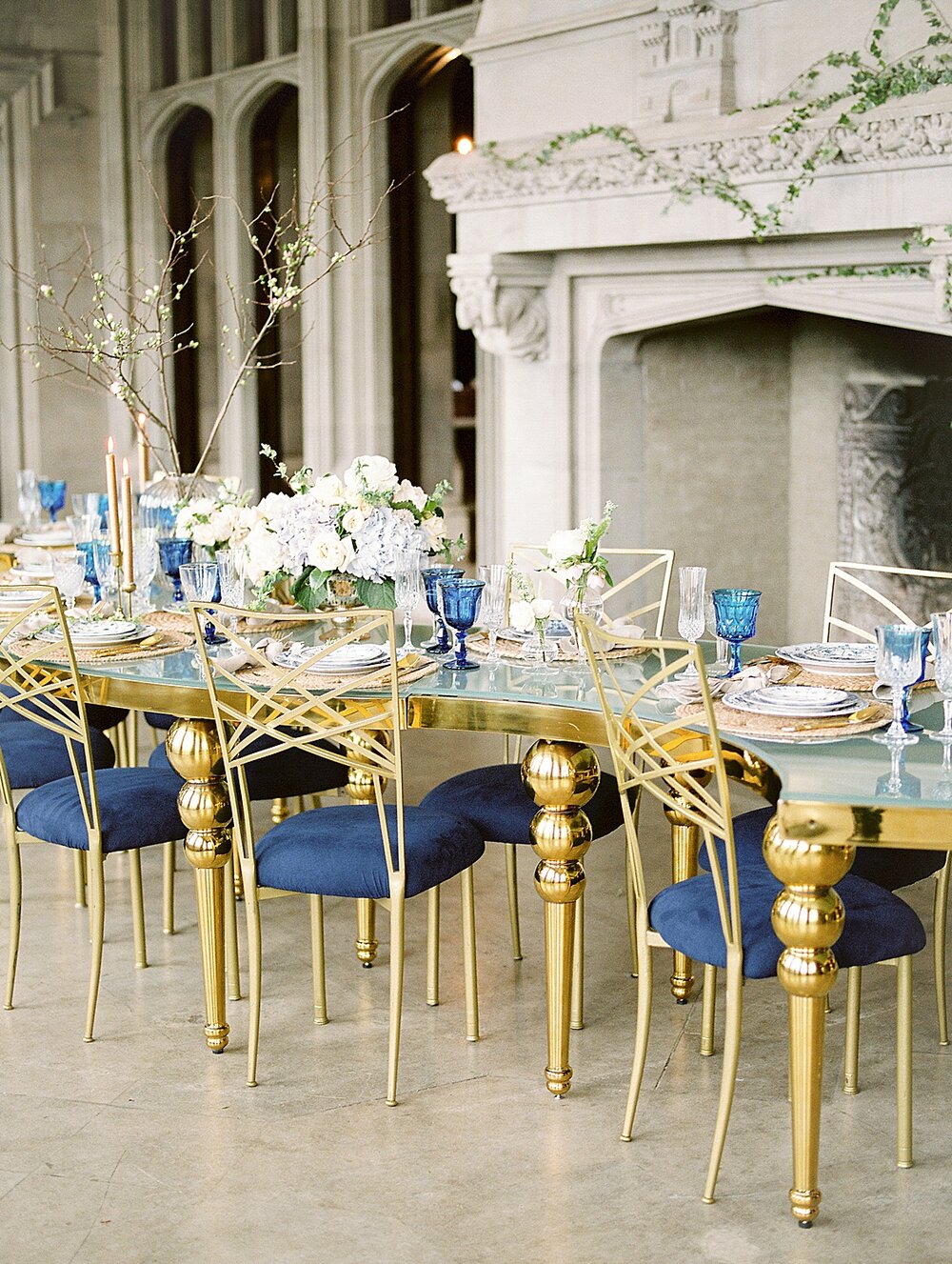 dramatic navy and gold wedding reception details at Hempstead House | Tri-State area wedding venues photographed by Asher Gardner Photography