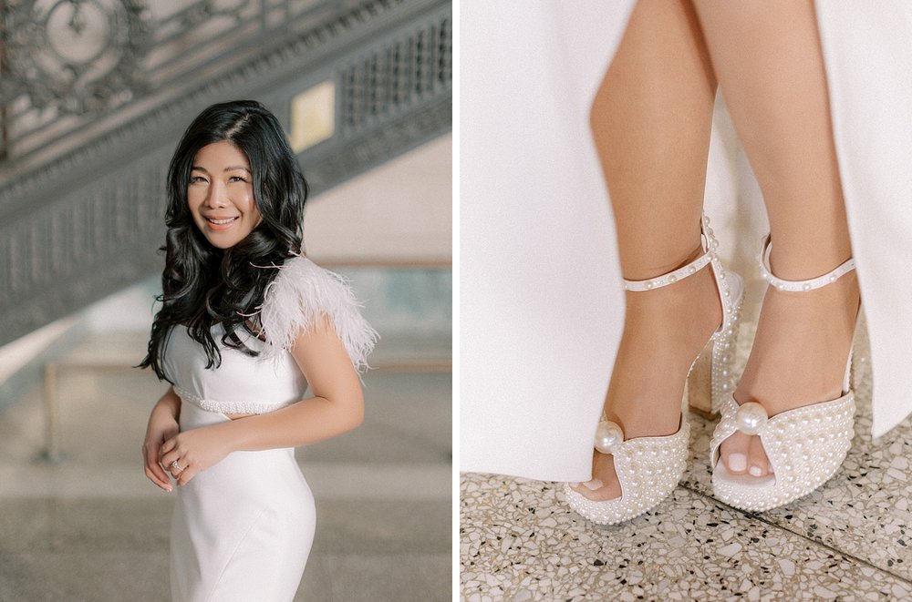 asian woman stands in white dress with feathers on shoulder with peep toe white shoes 