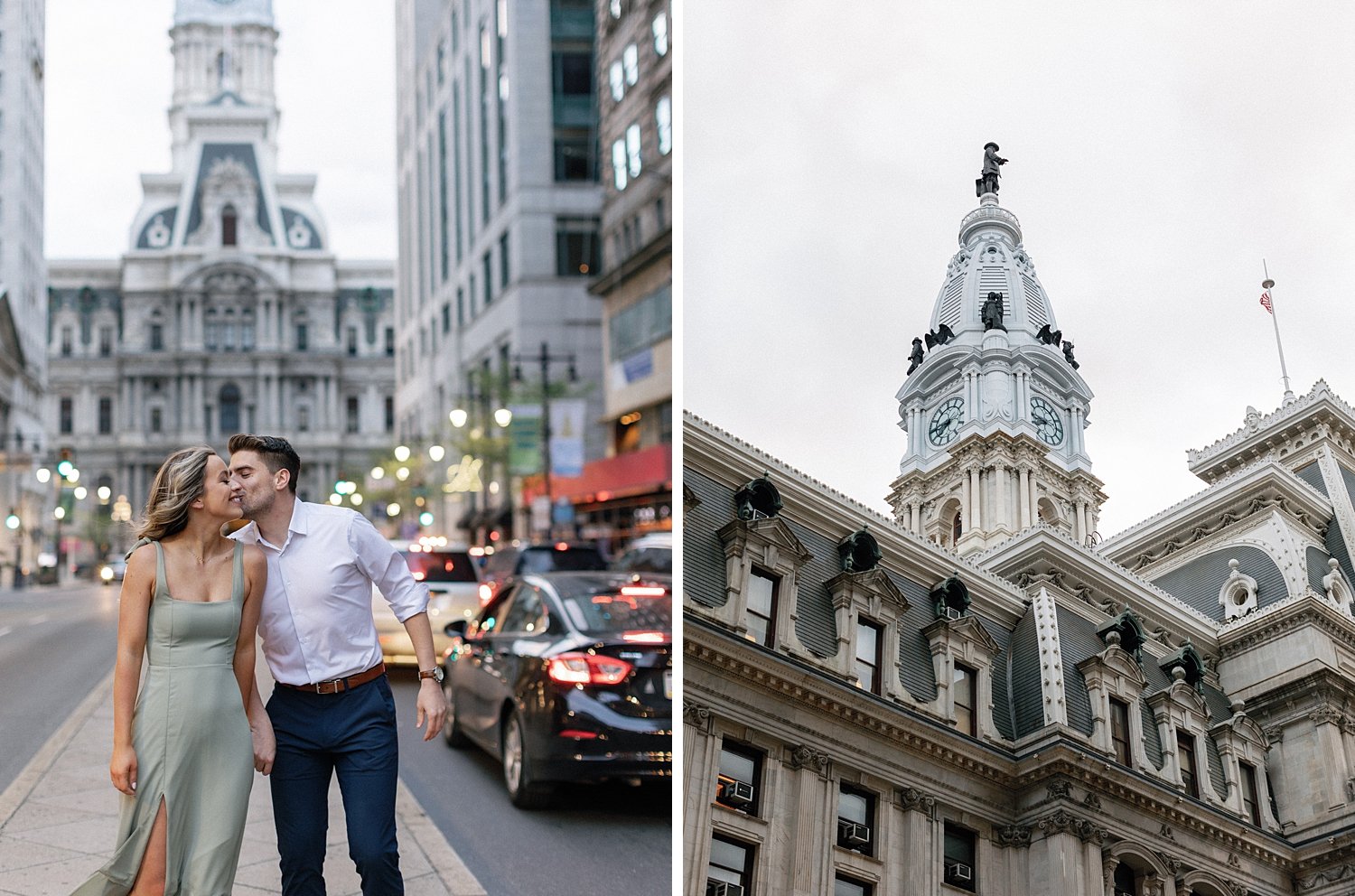 man leans to kiss woman in front of Philadelphia City Hall at night