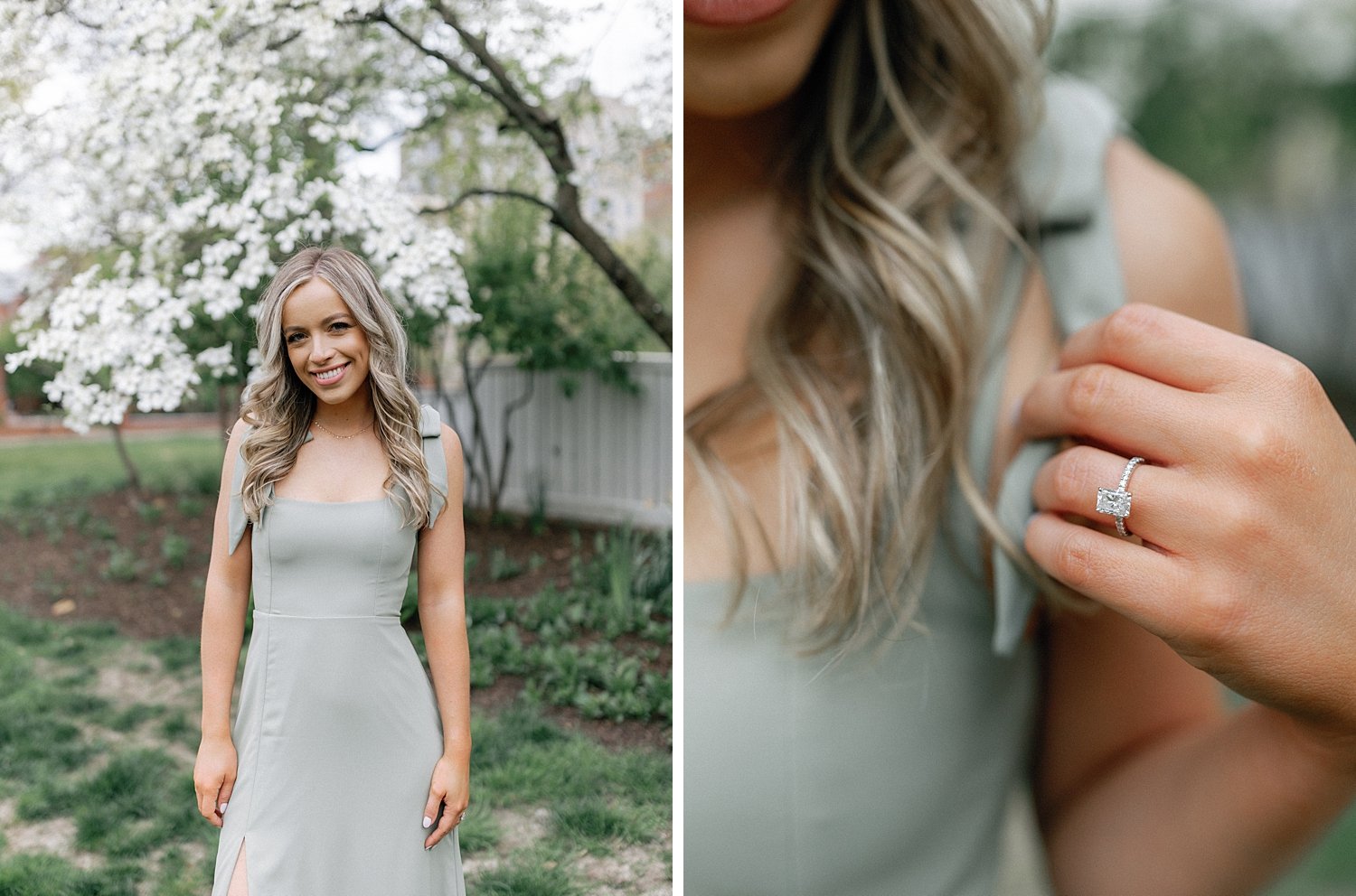 blonde woman with curled hair poses in sage green dress showing off engagement ring