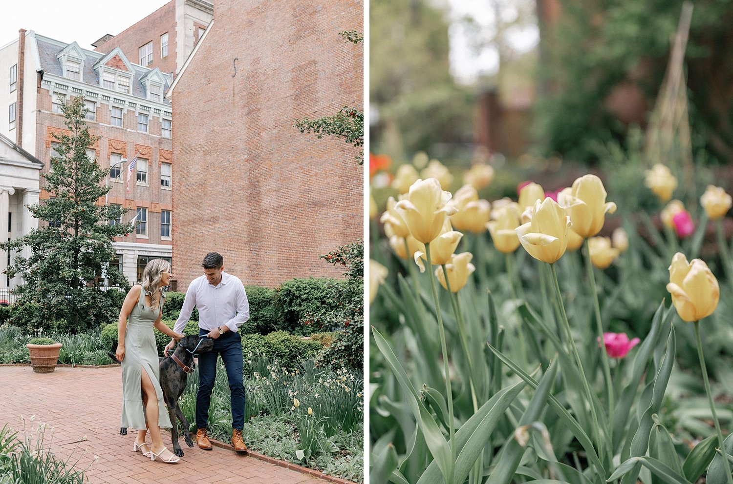 engaged couple walks through Philadelphia PA garden during engagement photos