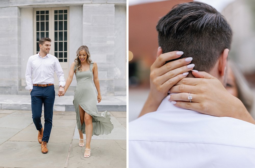 couple holds hands walking in front of the Merchant Exchange Building during Philadelphia engagement session 