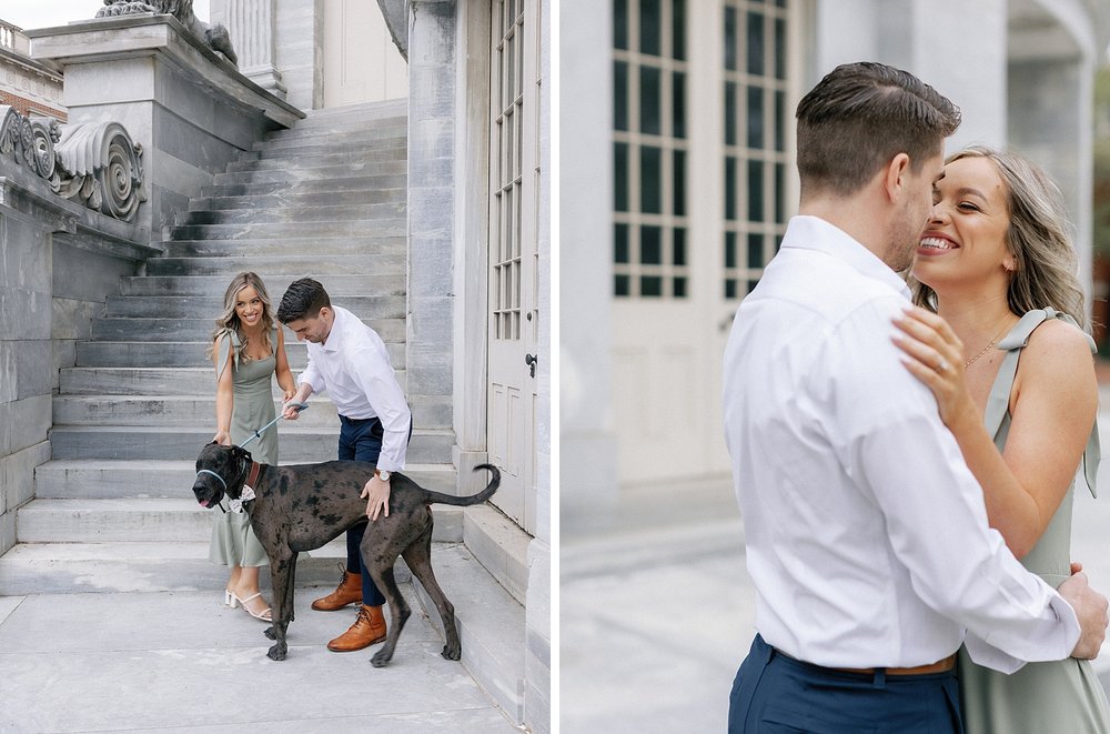 engaged couple plays with Great Dane and hug outside the Merchant Exchange Building