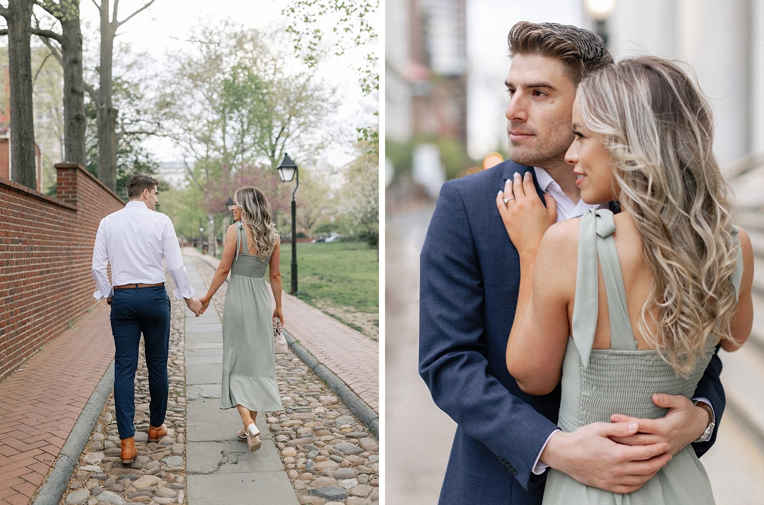 engaged couple walks along brick wall in Philadelphia PA