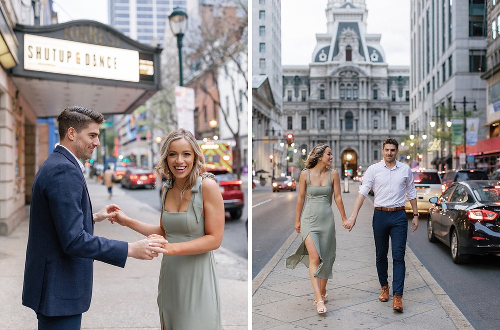 nighttime portraits in Philadelphia PA for engaged couple near City Hall