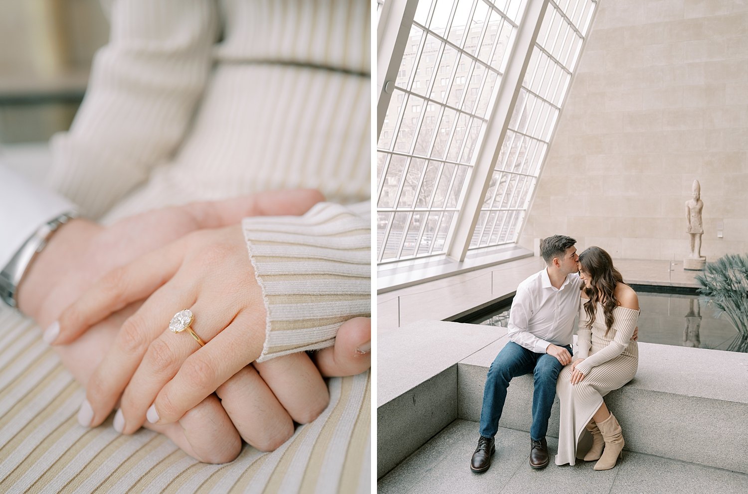 engaged couple holds hands showing off woman's engagement ring