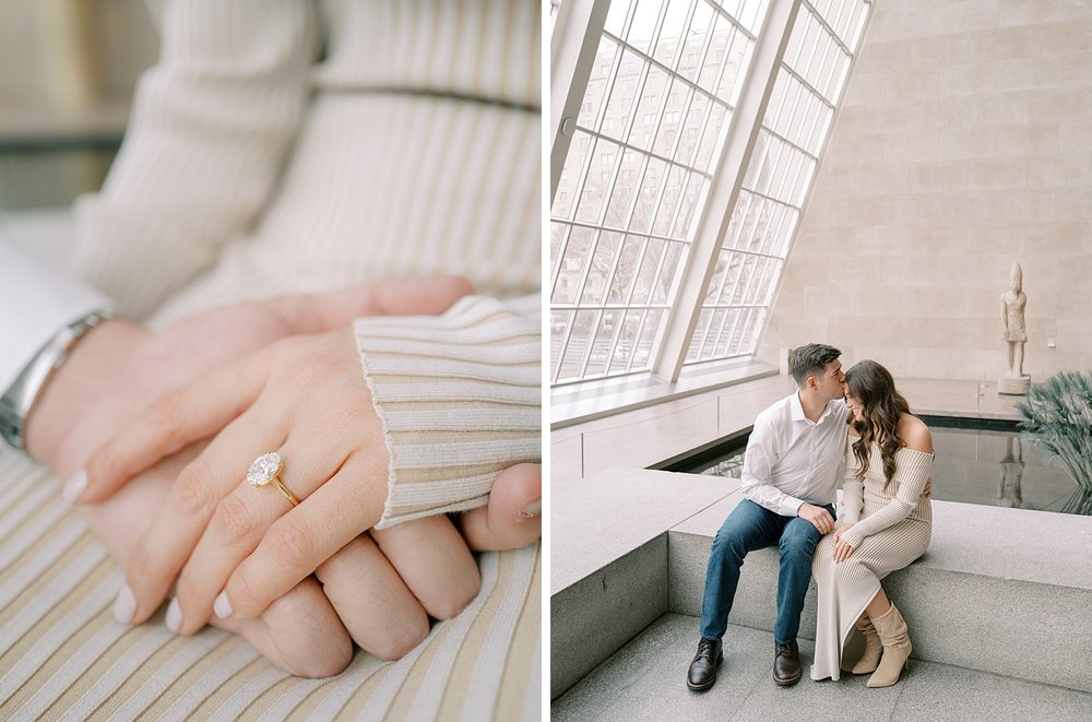 engaged couple holds hands showing off woman's engagement ring