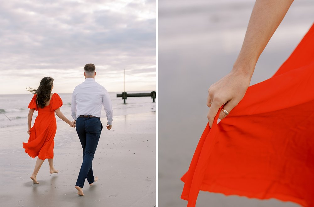 engaged couple holds hands walking on beach in Ocean City NJ