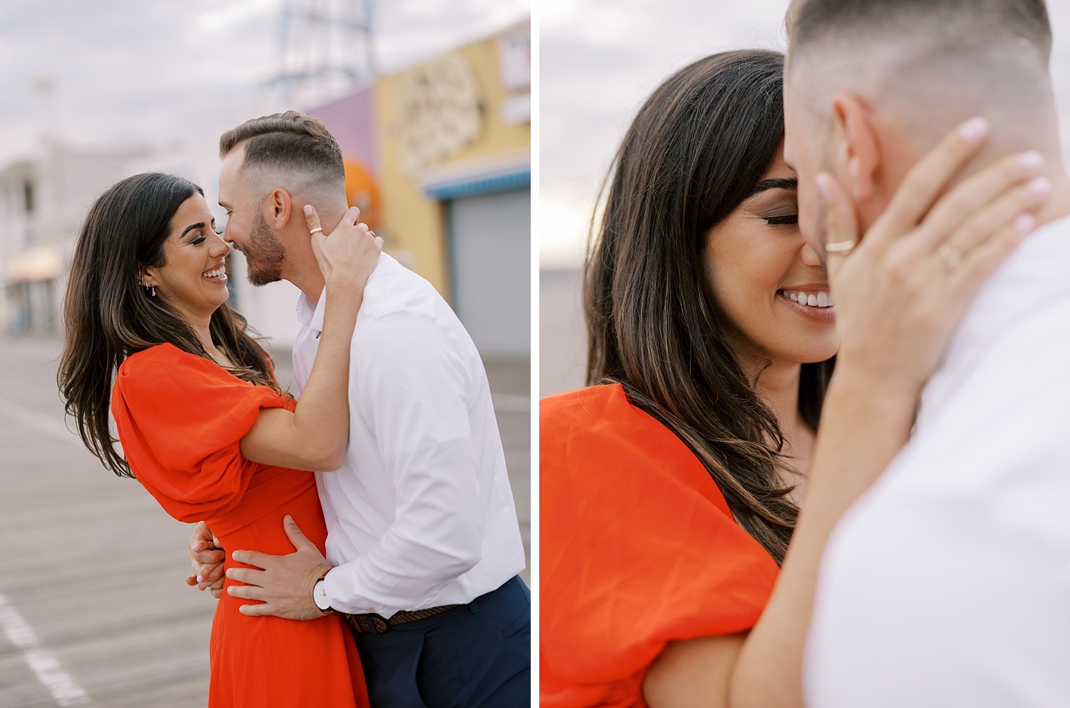 man leans to kiss woman in orange dress on boardwalk in Ocean City NJ