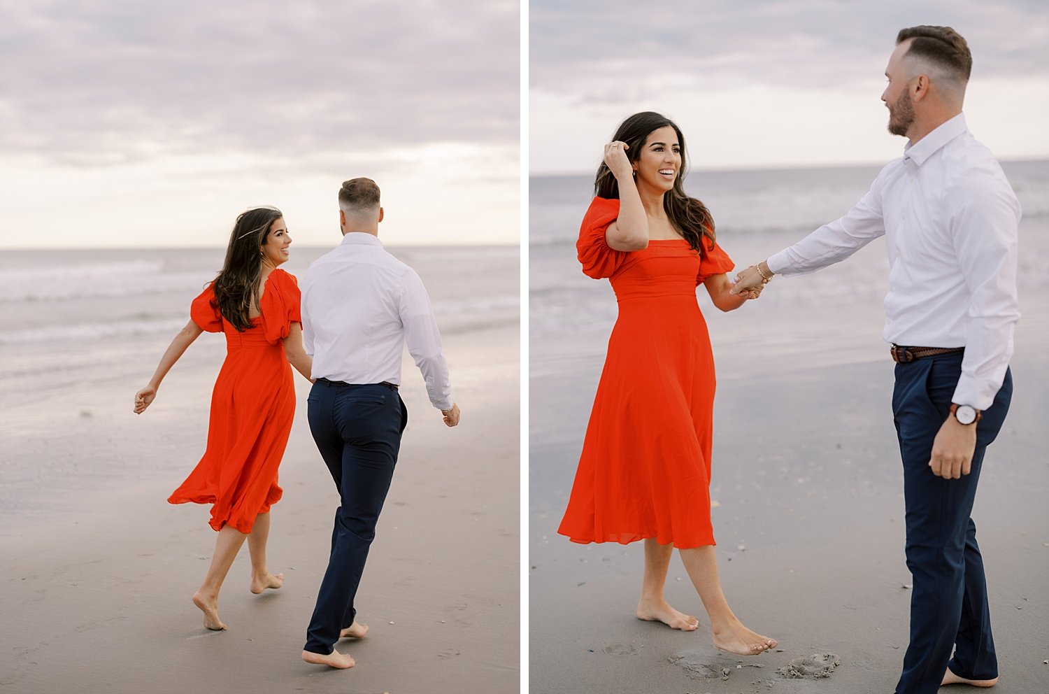 engaged couple holds hands walking on beach and twirling around in Ocean City NJ