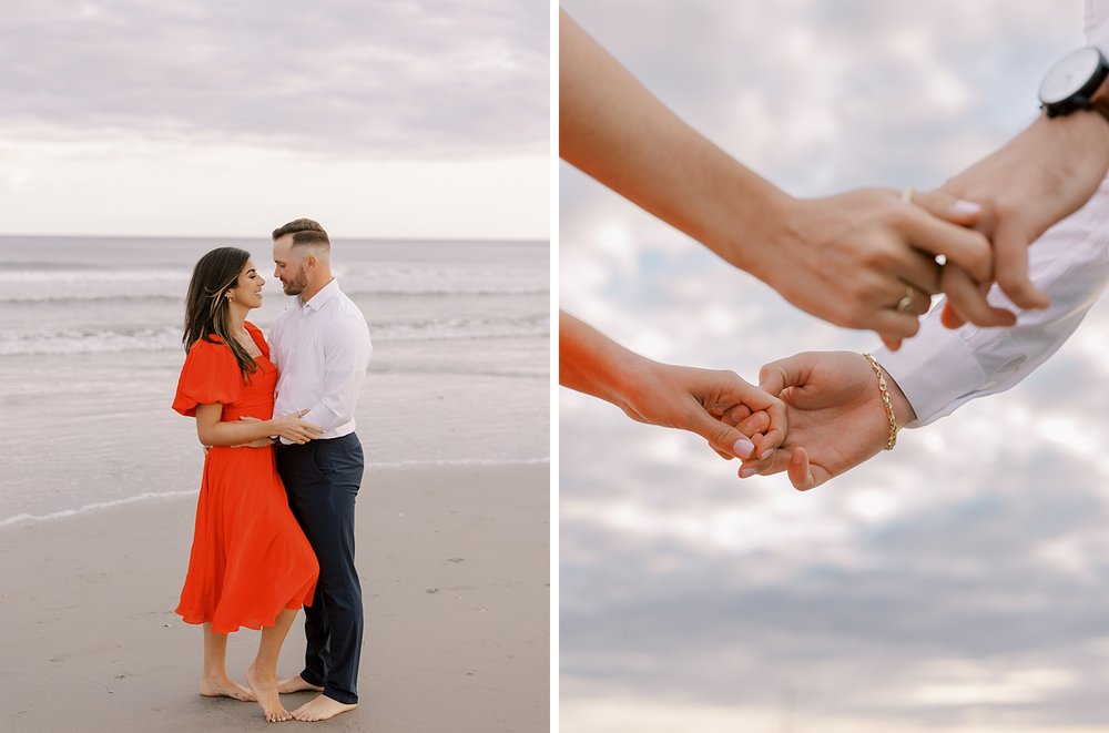 engaged couple holds hands during sunset portraits on beach in Ocean City NJ