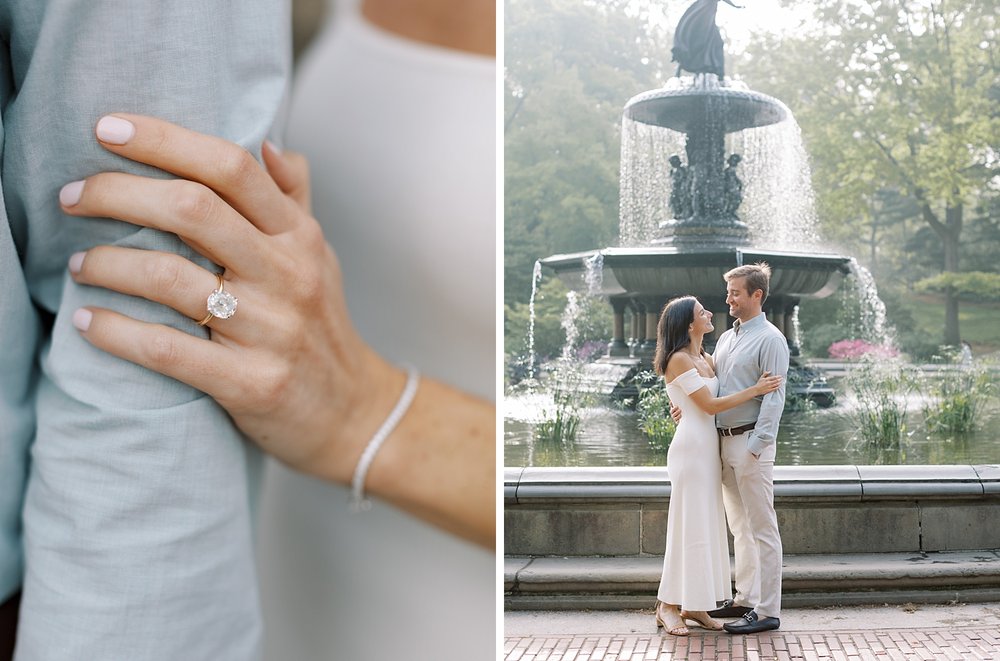 woman holds man's arm showing off engagement ring in Central Park