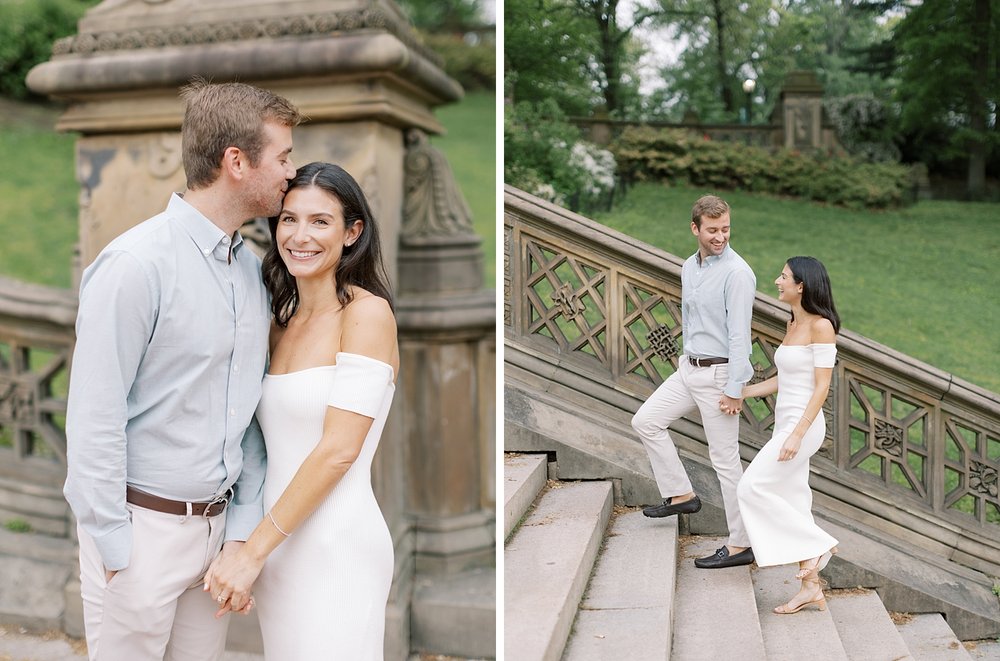man kisses fiancee in white dress on steps inside Central Park