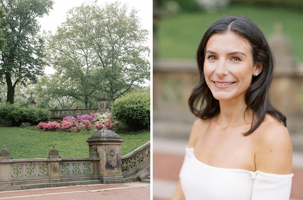 brunette woman smiles in off-the-shoulder white dress during summer engagement photos in NYC