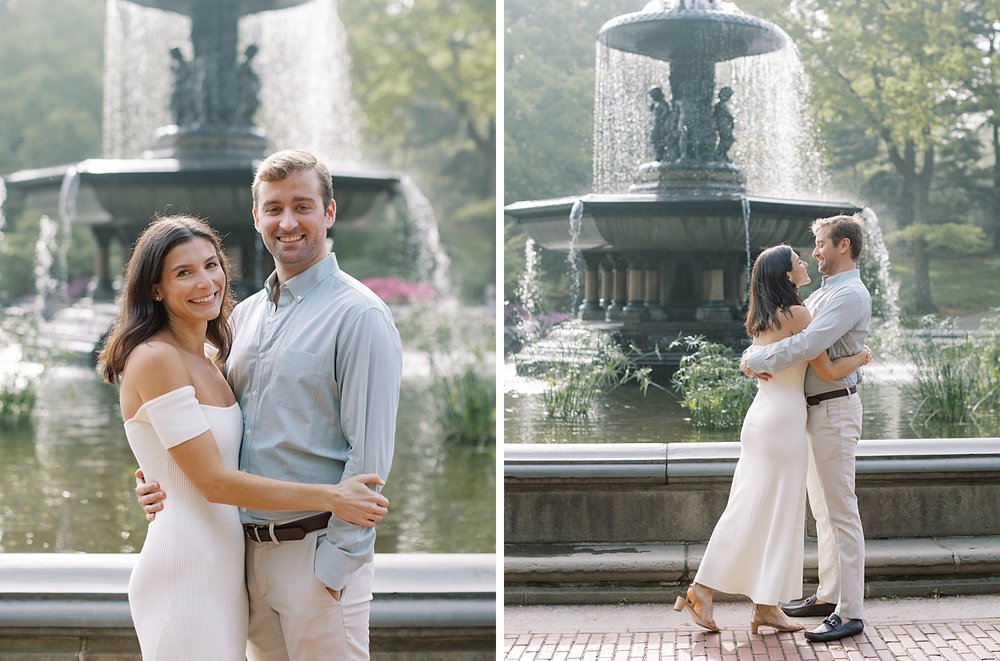 engaged couple hugs near the Bethesda Fountain inside Central Park
