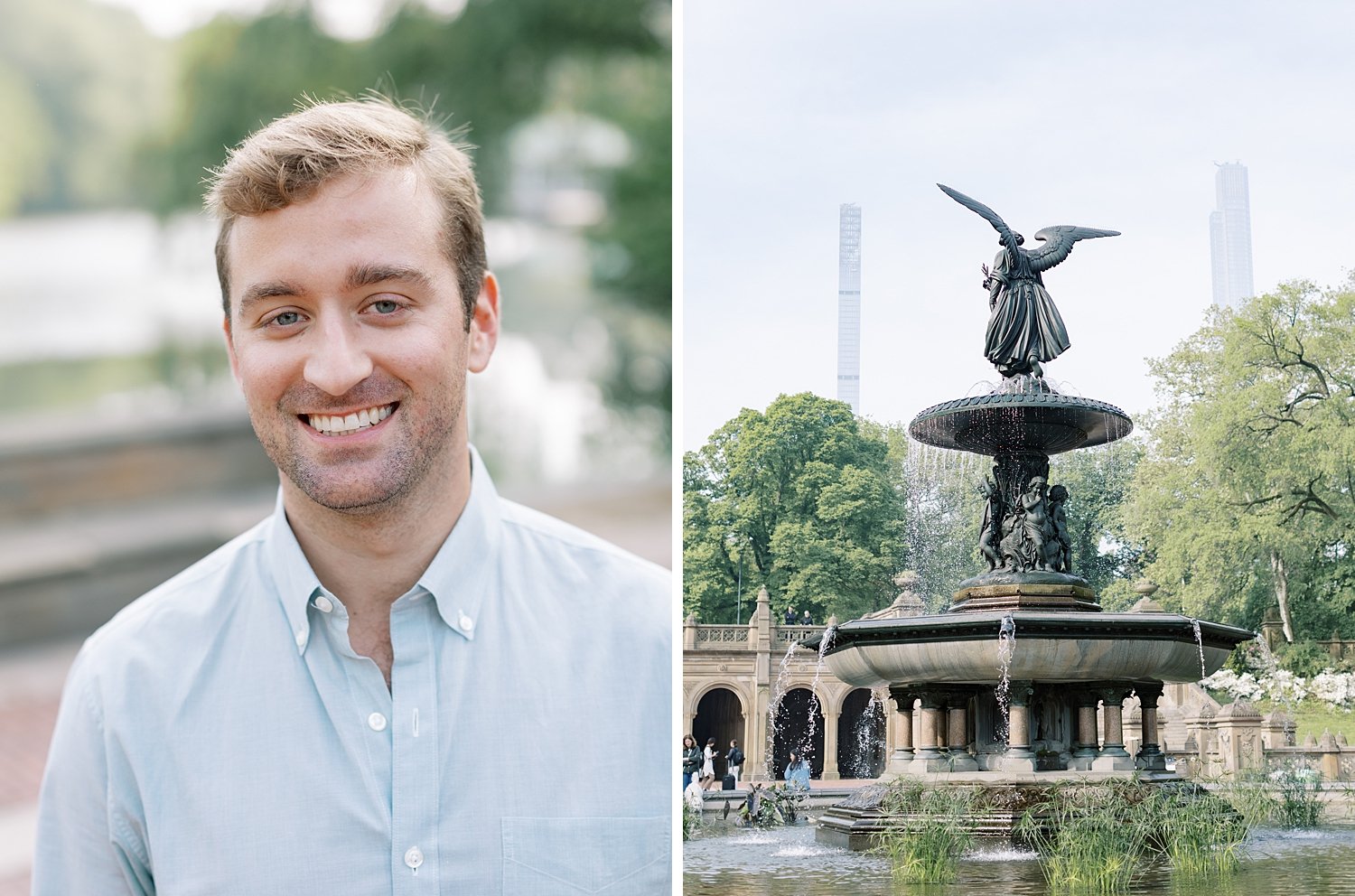man smiles in button down blue shirt by Bethesda Fountain