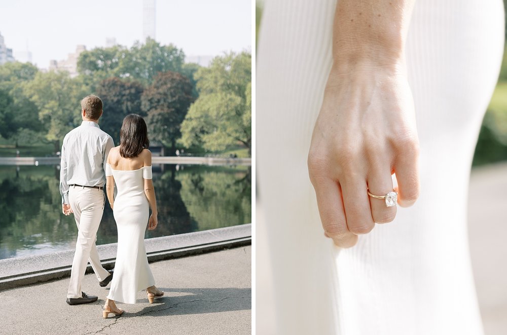woman holds hand near side of white dress during Central Park engagement session 